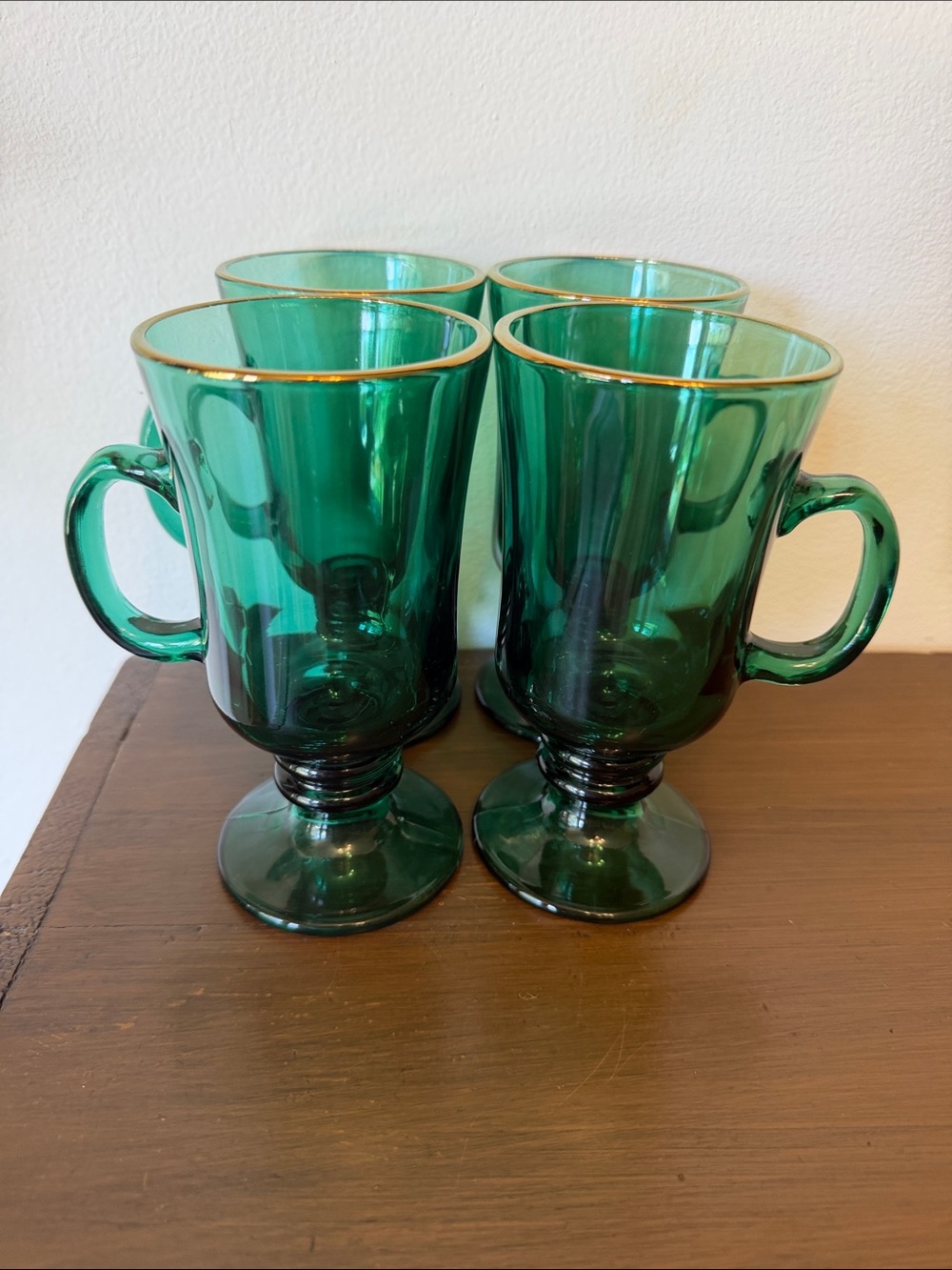 Libbey Emerald Green Glass Coffee Mugs with Gold Rim - Set of 4